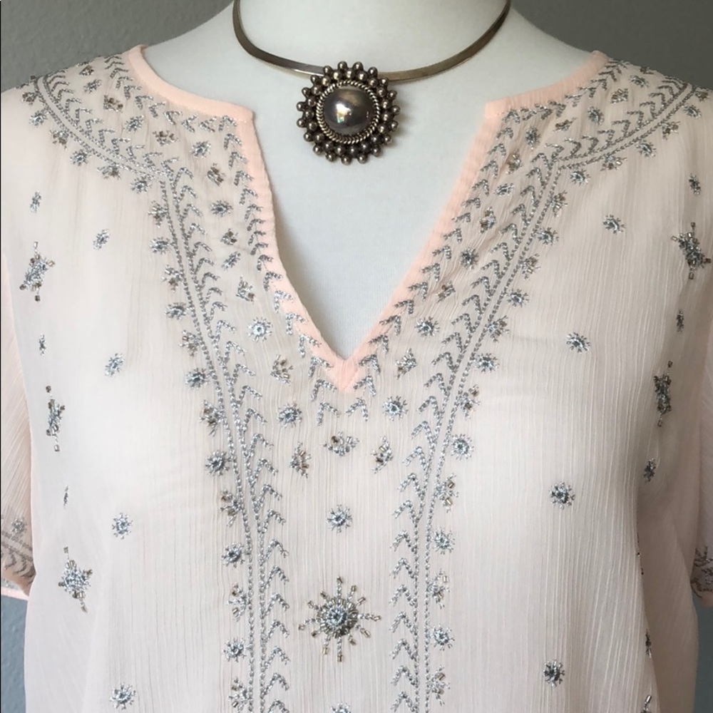 White House sheer pale peach top, embroidered